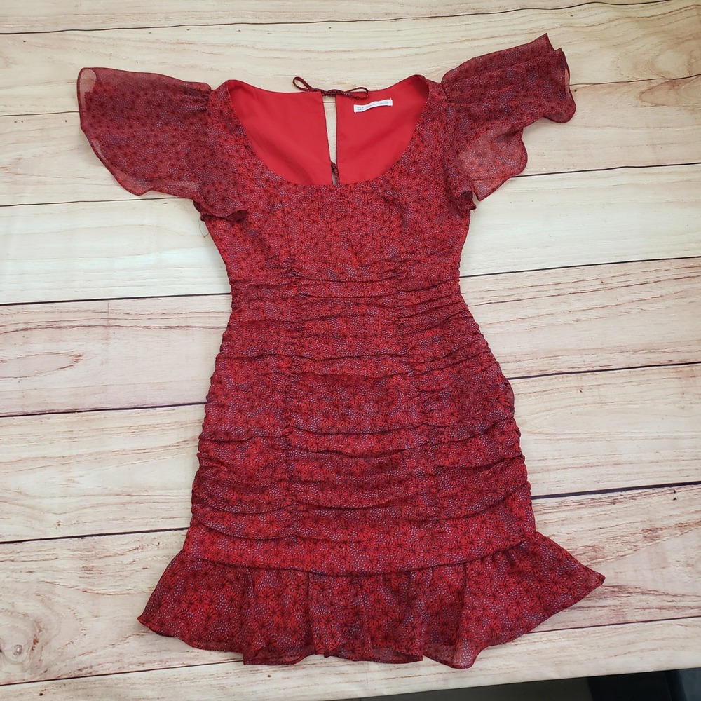Here Comes The Sun Mini Dress Womens XS Floral Ruffle Ruched Tie Back Red